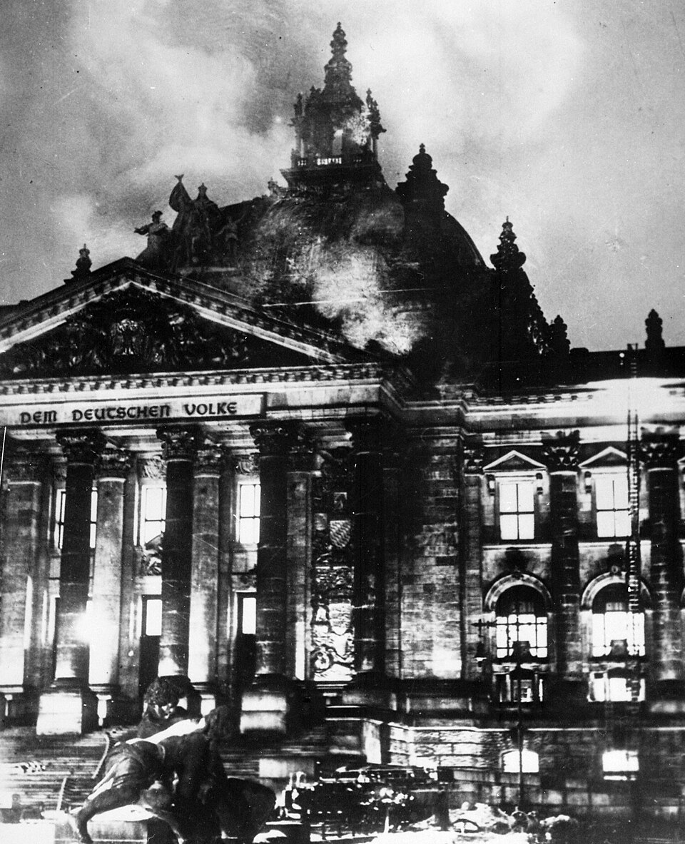 The Reichstag building in Berlin engulfed in flames on the night of 27 February 1933